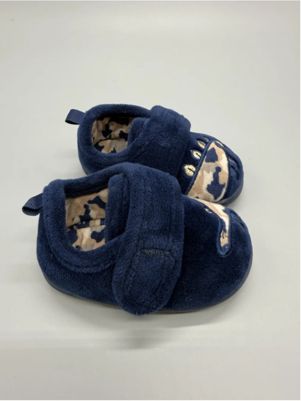 Wonder Nation Dinosaur Fleece Slippers Navy Hook & Loop Unisex Baby Size 4